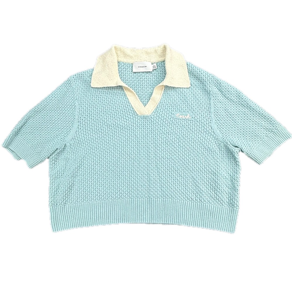 Coach Knit Polo Sweater Womens S Blue Short Sleeve Pointelle Cropped Logo
